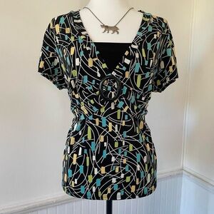 Briggs New York - Black Blue Short Sleeve V Neck Blouse